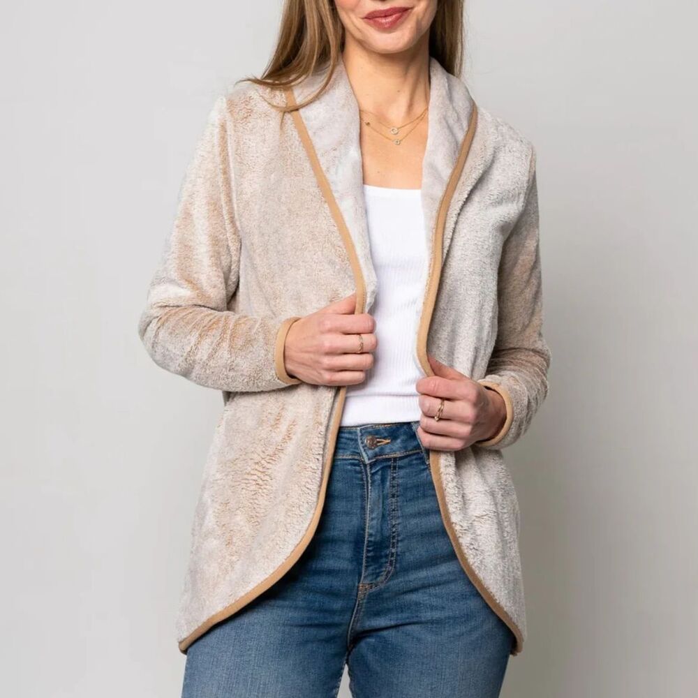 EMILY DANIELS Kaylee Cozy Comfort Open Front Light Brown Cardigan Sz S